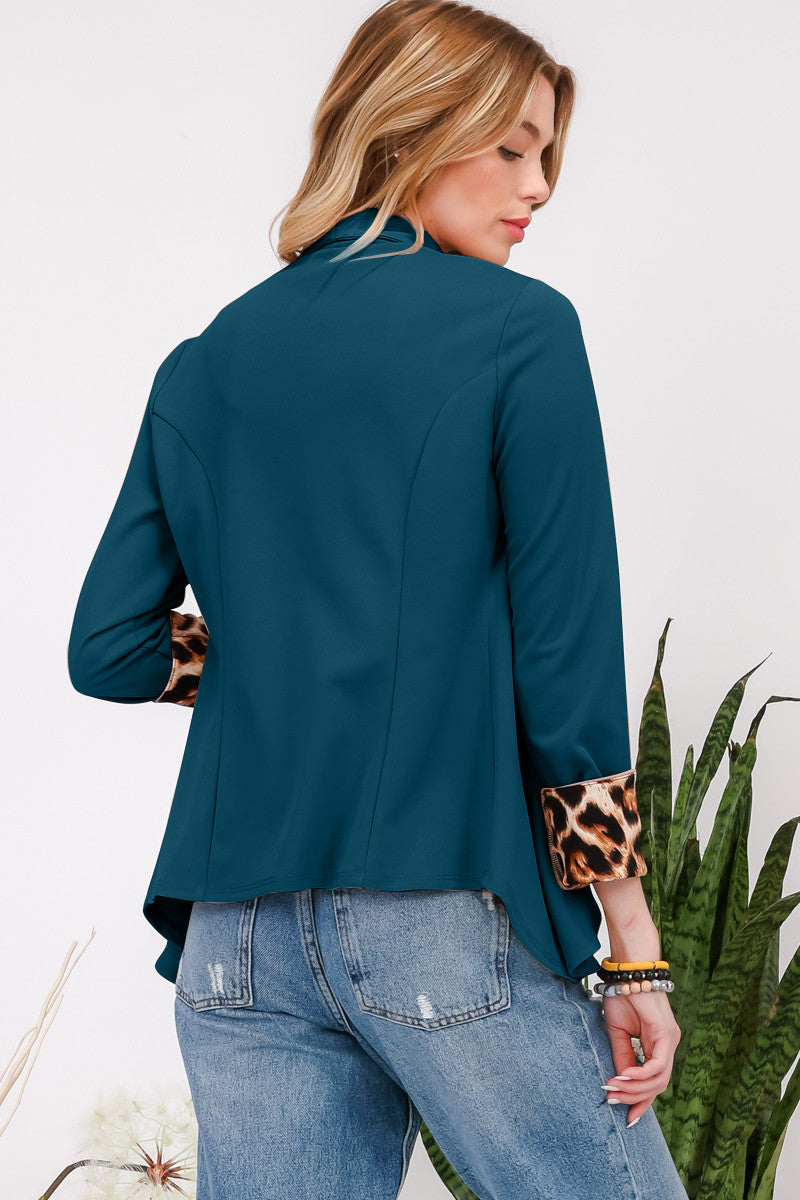 Celeste Hunter Green Rolled Leopard Cuff Open Front Blazer Trendsi