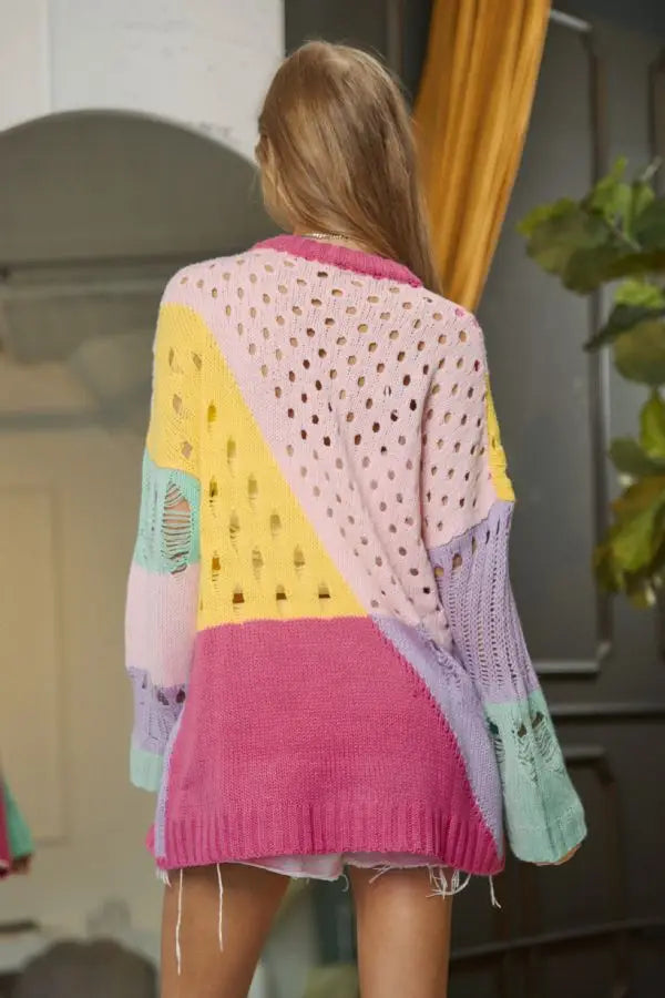 Dani & Davi Multi Color Pastel Color Block Open Knit Sweater Ruby Idol Apparel