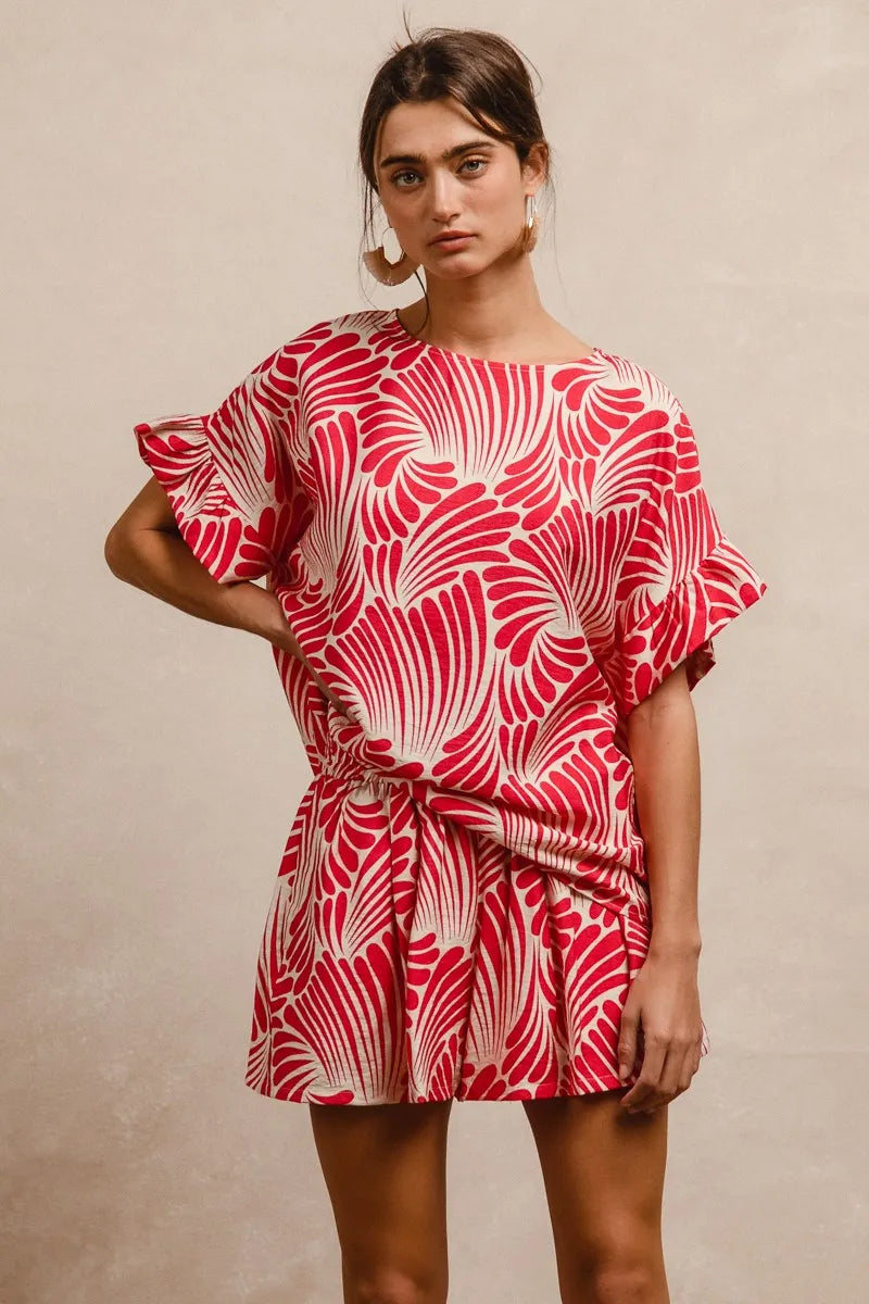 BiBi Print Woven Ruffled Sleeves Blouse FUCHSIA