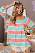 BiBi Jade & Coral Stripe Printed Bubble Woven Balloon Sleeves Babydoll Blouse