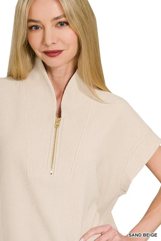 Zenana Sand Beige Ribbed High Neck Half Zip Top