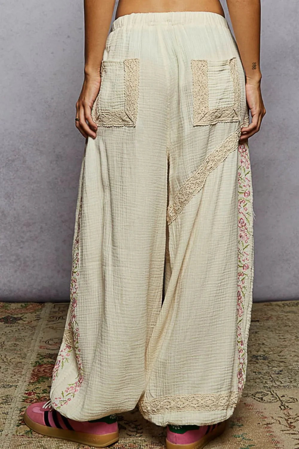 POL Floral Embroidered Drawstring Double Gauze Joggers with Lace Trim Pants