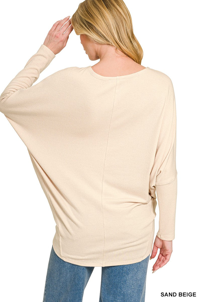 Zenana Sand Beige Hacci Dolman Sleeve Boat Neck Top