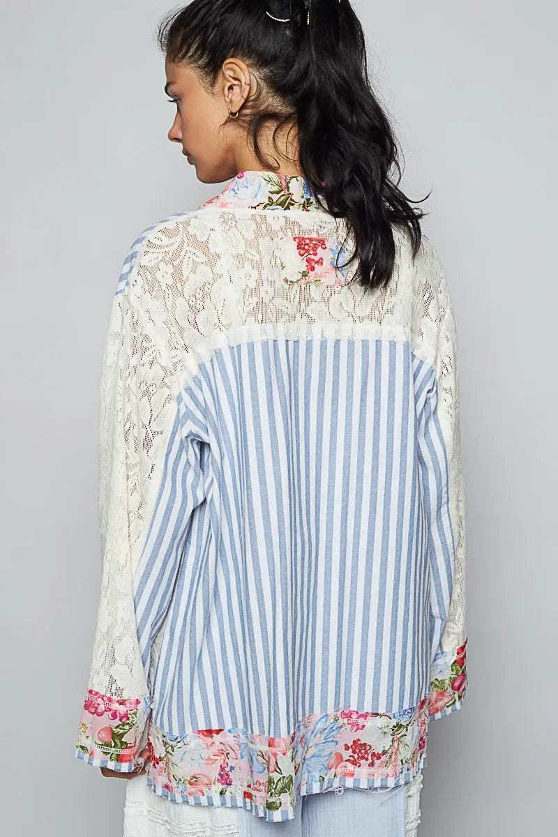 POL Blue Multi Lace Long Sleeve Striped Cardigan with Contrast Floral Detail