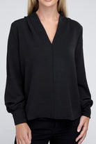 Zenana Woven Airflow V-Neck Long Sleeve Top BLACK ZENANA