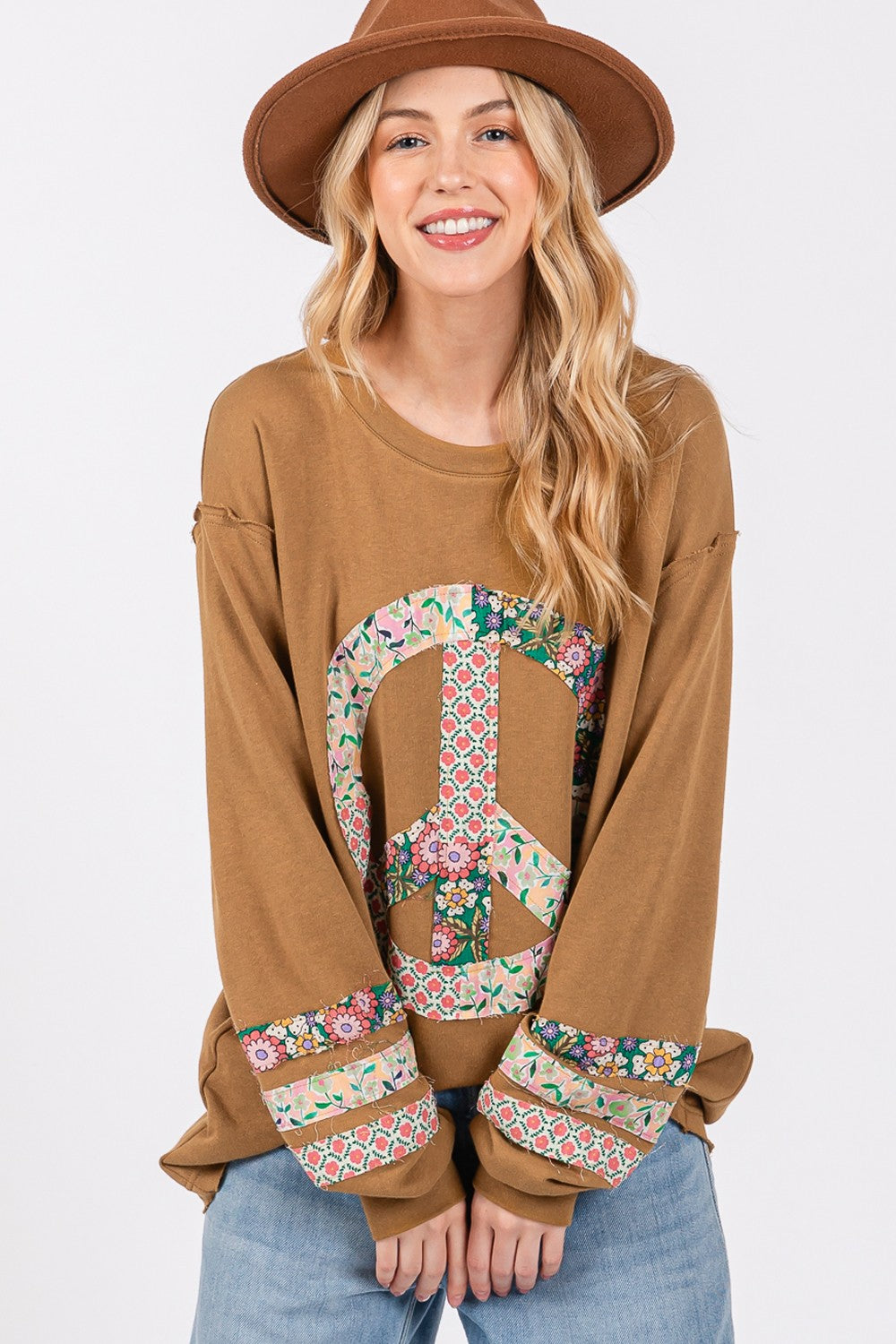 SAGE + FIG Peace Applique Patch Long Sleeve Top in Bronze Trendsi