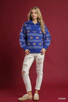Umgee Ocean Floral Patterned Jacquard Quarter-Zip Pullover Sweater