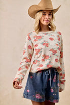 BiBi Oatmeal Floral Print Washed Waffle Thermal Top With Thumb