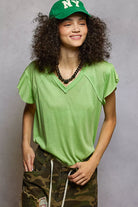 POL Lime V-Neck Short Sleeve T-Shirt with Ruffle Sleeve LIME