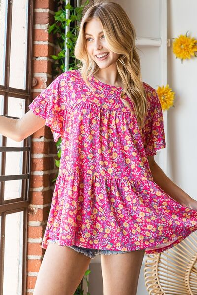 Heimish Ruffled Short Sleeve Floral Tiered Blouse