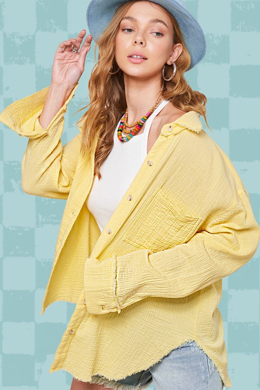 La Miel Soft Washed Crinkled Gauze Button Down Shirt LEMON La Miel