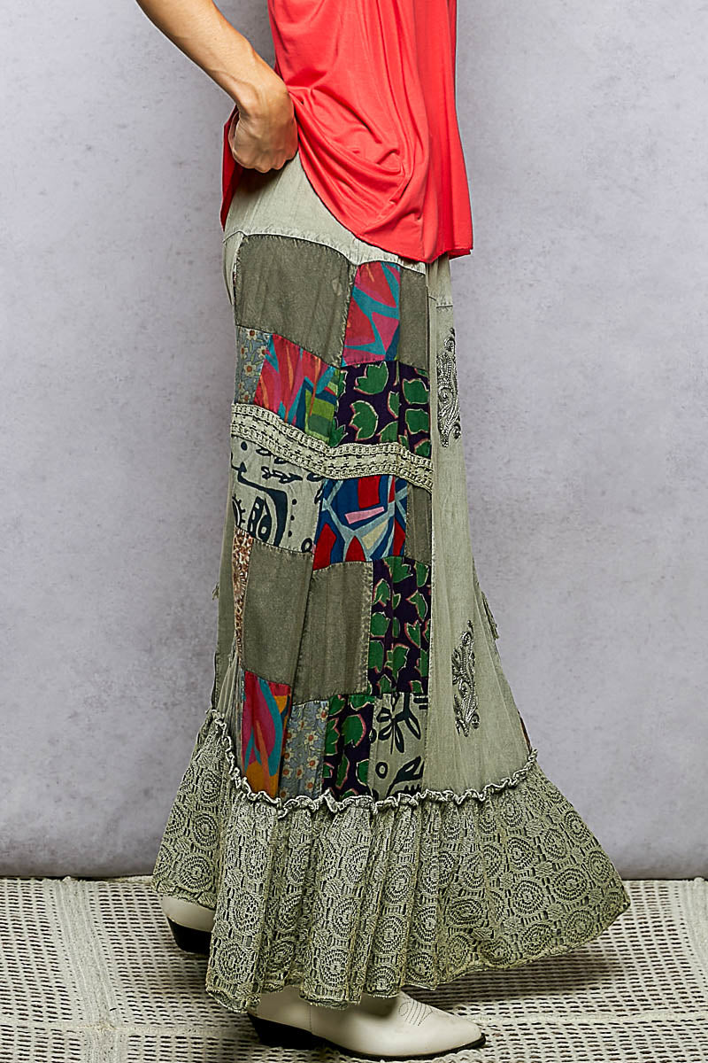 POL Sage Printed Patchwork Embroidered Ruffled Skirt