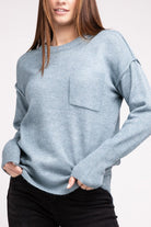 Zenana 9 Colors Melange Hi-Low Hem Round Neck Chest Pocket Sweater H BLUE GREY Shirts & Tops