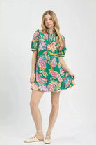 Umgee Jacquard Paisley Print Puff Sleeve Tunic Dress