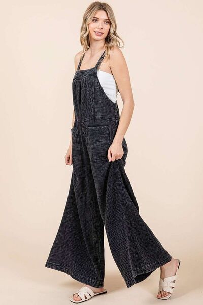 Mittoshop Washed Black Textured Wide Leg Overalls