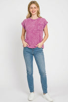 Zenana Light Plum Crinkle Washed Round Neck Folded Short Sleeve Tee