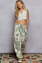 POL Ivory & Green Floral Printed Woven Wide Leg Drawstring Pants