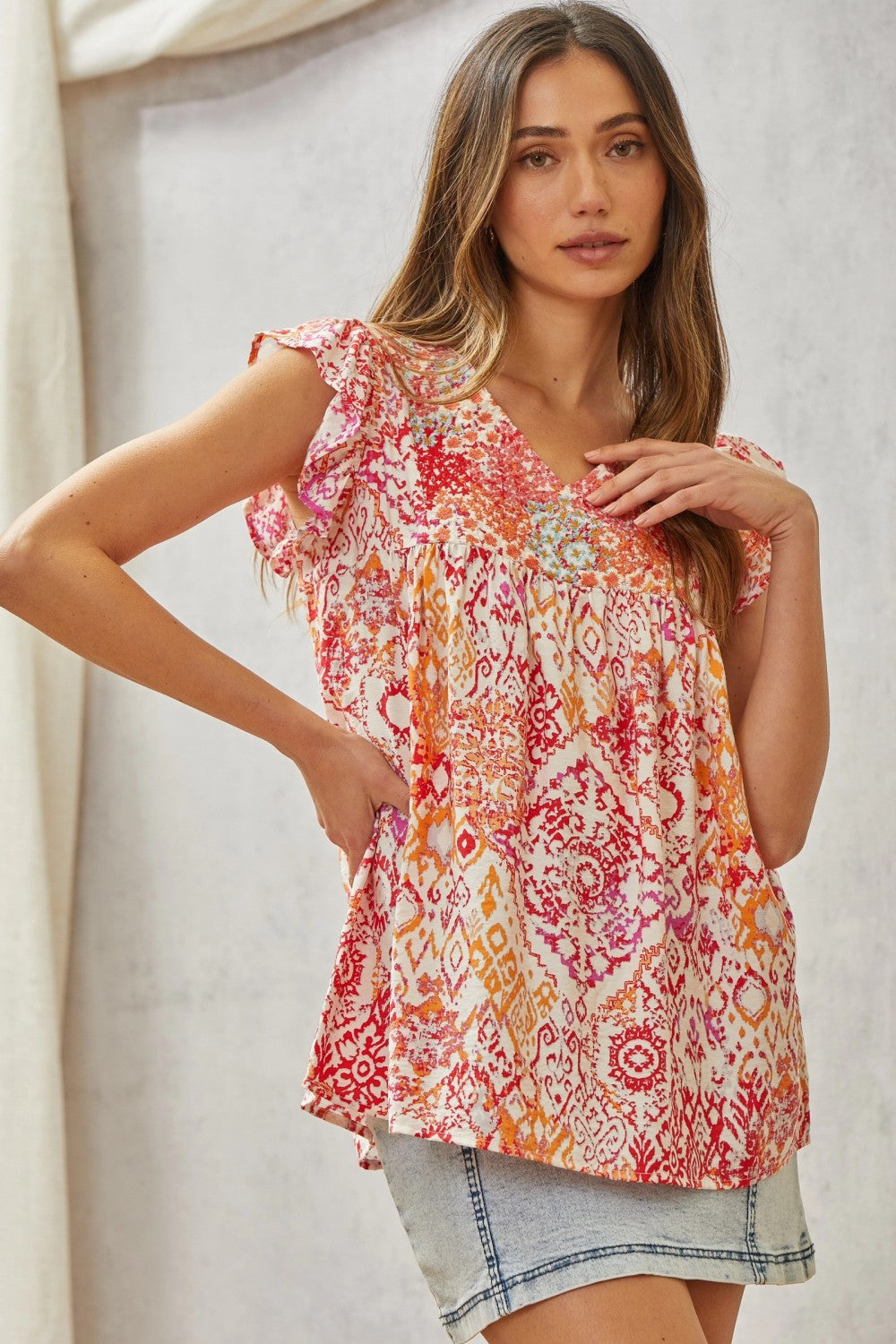 Andree by Unit Babydoll Print Top with Floral Embroidery Tops