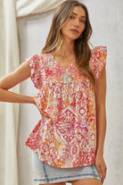 Andree by Unit Babydoll Print Top with Floral Embroidery Tops