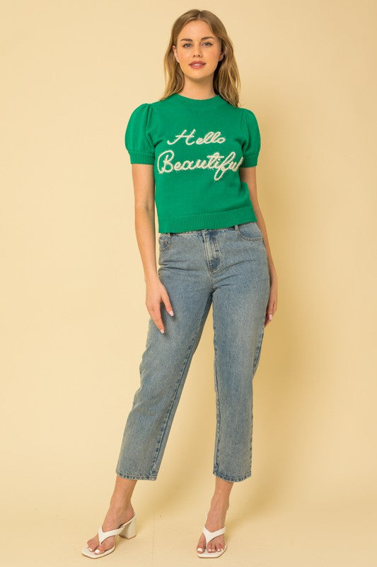Gilli Hello Beautiful Short Sleeve Sweater Top Gilli