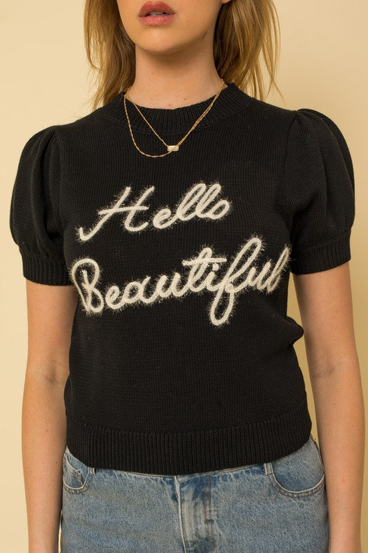 Gilli Hello Beautiful Short Sleeve Sweater Top Gilli