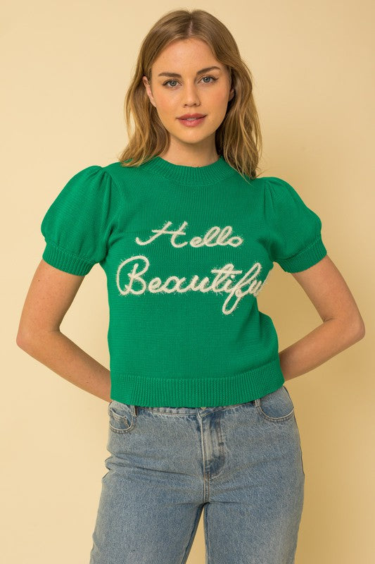 Gilli Hello Beautiful Short Sleeve Sweater Top Green Shirts & Tops