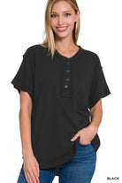 Zenana Raw Edge Detailed Button Closure Short Sleeve Top BLACK ZENANA