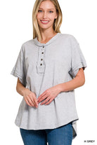 Zenana Raw Edge Detailed Button Closure Short Sleeve Top H GREY M ZENANA