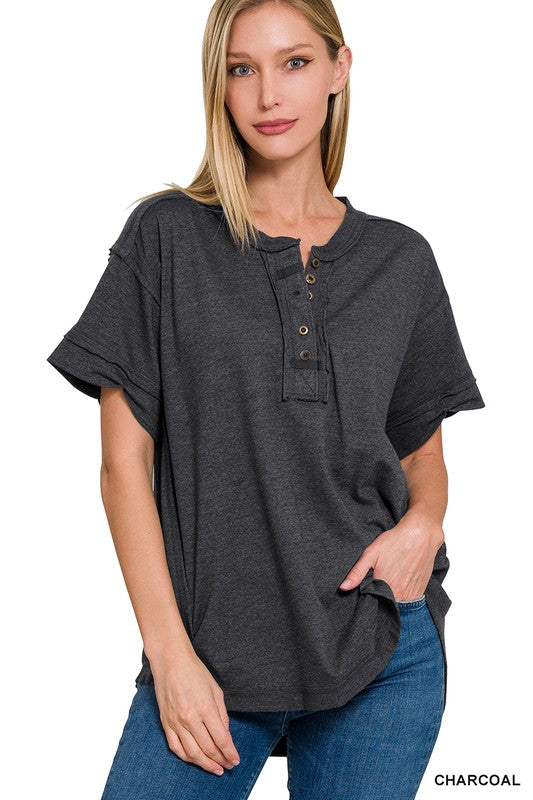 Zenana Raw Edge Detailed Button Closure Short Sleeve Top CHARCOAL ZENANA