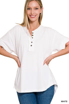 Zenana Raw Edge Detailed Button Closure Short Sleeve Top WHITE ZENANA