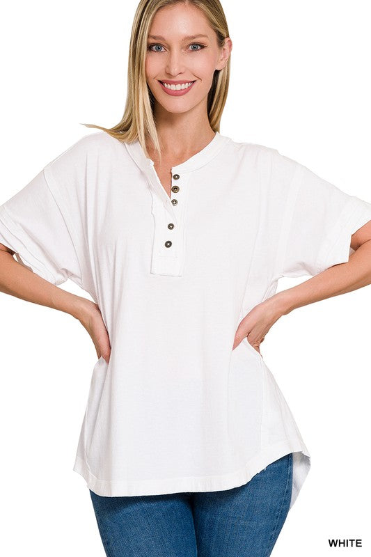 Zenana Raw Edge Detailed Button Closure Short Sleeve Top WHITE ZENANA