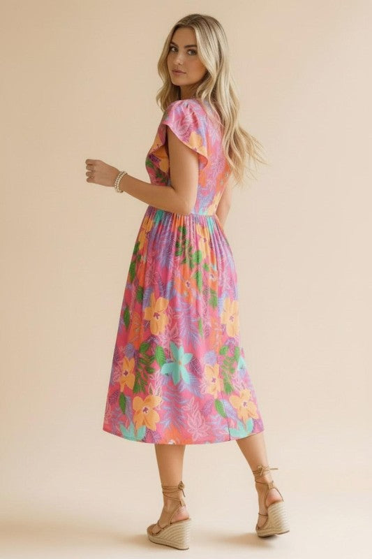 Haptics Tropical Blooms Flutter Sleeve Midi Dress