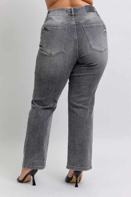 Judy Blue Gray High Waist Rhinestone Straight Jeans