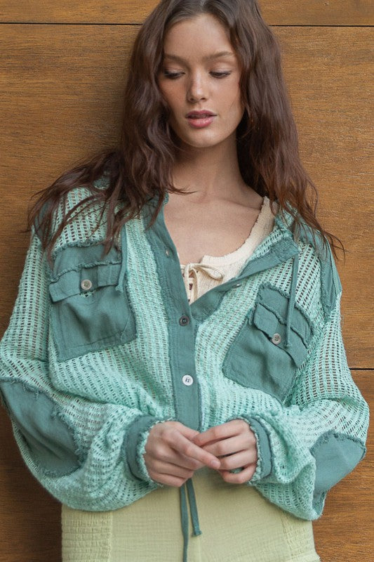 POL Open Knit Button Down Hooded Top EMERALD SAGE POL