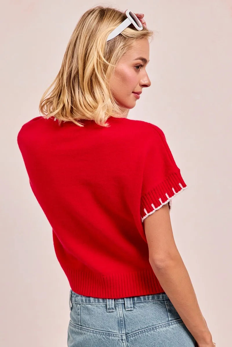 BiBi Red Game Day Sequin Football Embroidered Stitch Sweater