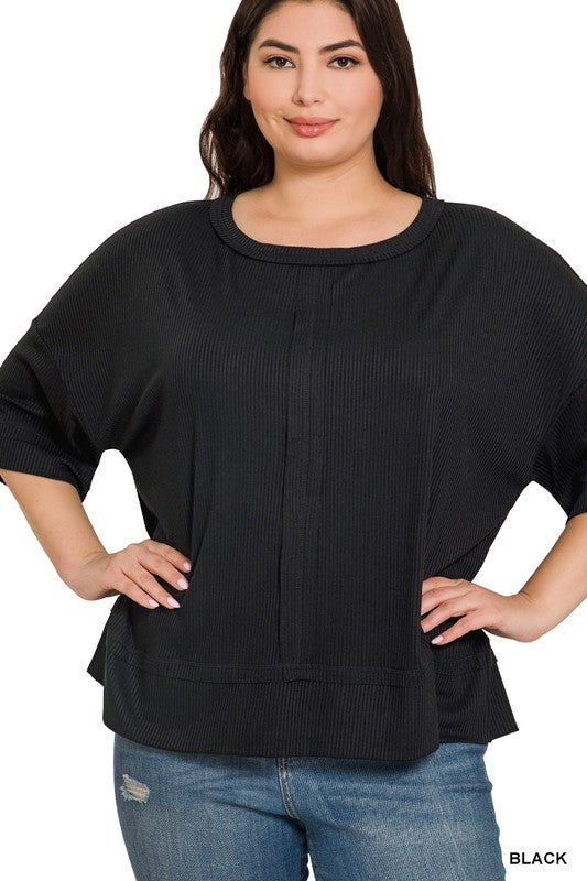 Zenana Plus Rib Boat Neck Dolman Sleeve Top W Front Seam BLACK ZENANA