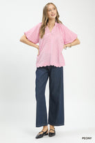 Umgee Peony Gingham Bubble Sleeve Blouse with Scallop Hem