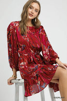 Umgee Eggplant Ruffled Hem Abstract Printed Balloon Sleeve Dress