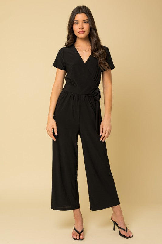 Solid Surplice Cropped Jumpsuit with Faux Wrap Black Gilli