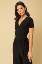 Gilli Solid Surplice Cropped Jumpsuit with Faux Wrap Gilli