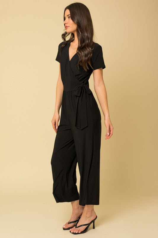 Solid Surplice Cropped Jumpsuit with Faux Wrap Gilli