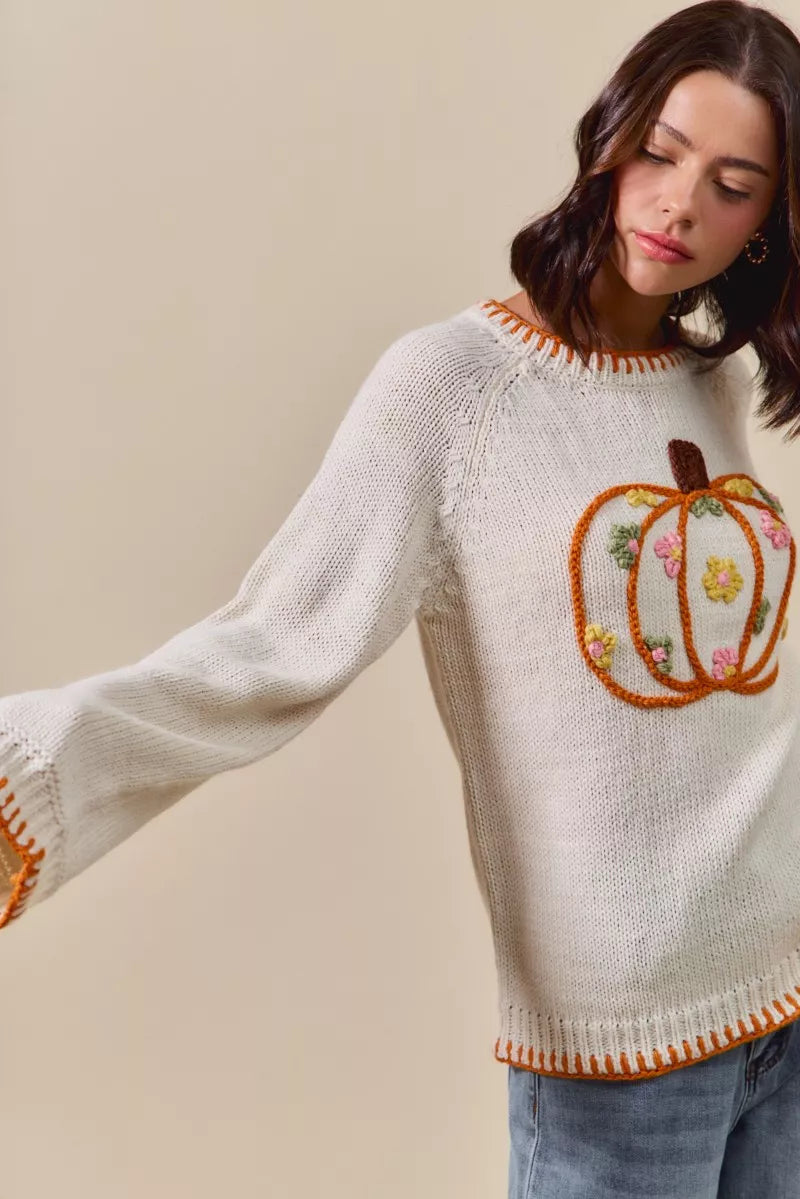 SO ME Pumpkin Floral Embroidered Thanksgiving Sweater