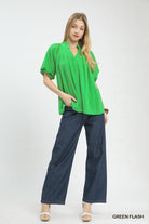 Umgee Green Flash Linen V-Neck Flutter Sleeve Top
