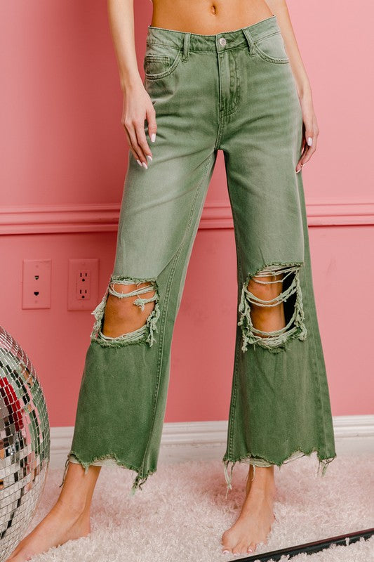 BiBi Distressed Vintage Washed Wide Leg Pants ASH GREEN BiBi