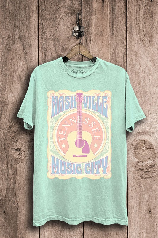 Lotus Fashion Collection Nashville Music City Graphic Top Mint Mineral Wash Lotus Fashion Collection