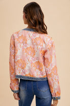 Annie Wear Coral Floral Jacquard Denim Contrast Button Down Jacket