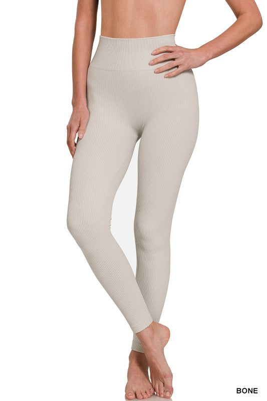 Zenana Ribbed Seamless High Waisted Full Length Leggings BONE ZENANA