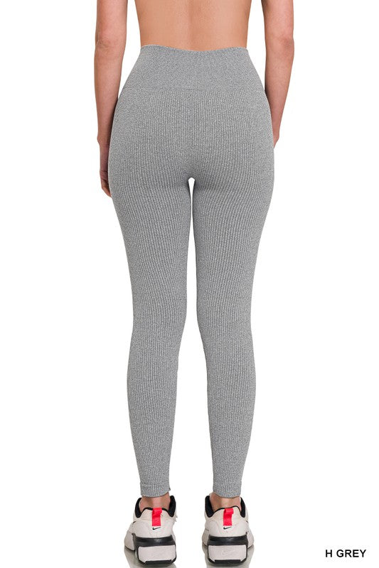 Zenana Ribbed Seamless High Waisted Full Length Leggings ZENANA