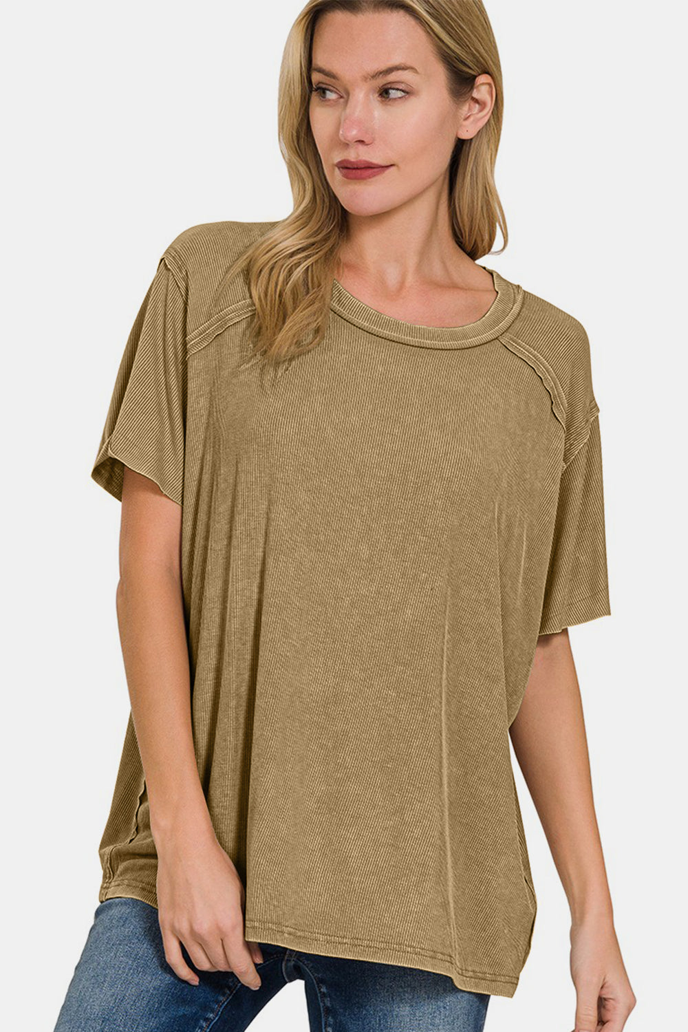 Zenana Mocha Washed Ribbed Short Sleeve Top Trendsi