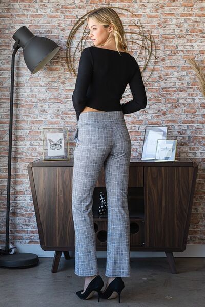 Heimish Gray Plaid Flare Pants with Wide Waist Band